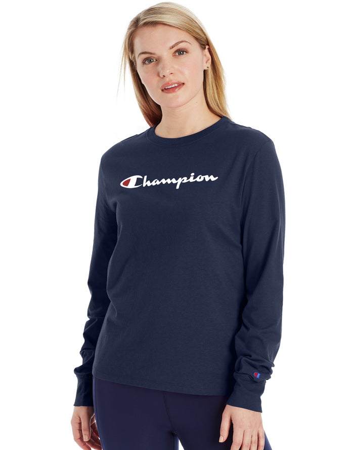 Champion Womens T-Shirt NZ - Classic Long-Sleeve Script Logo Navy ( 3176-AMJUX )